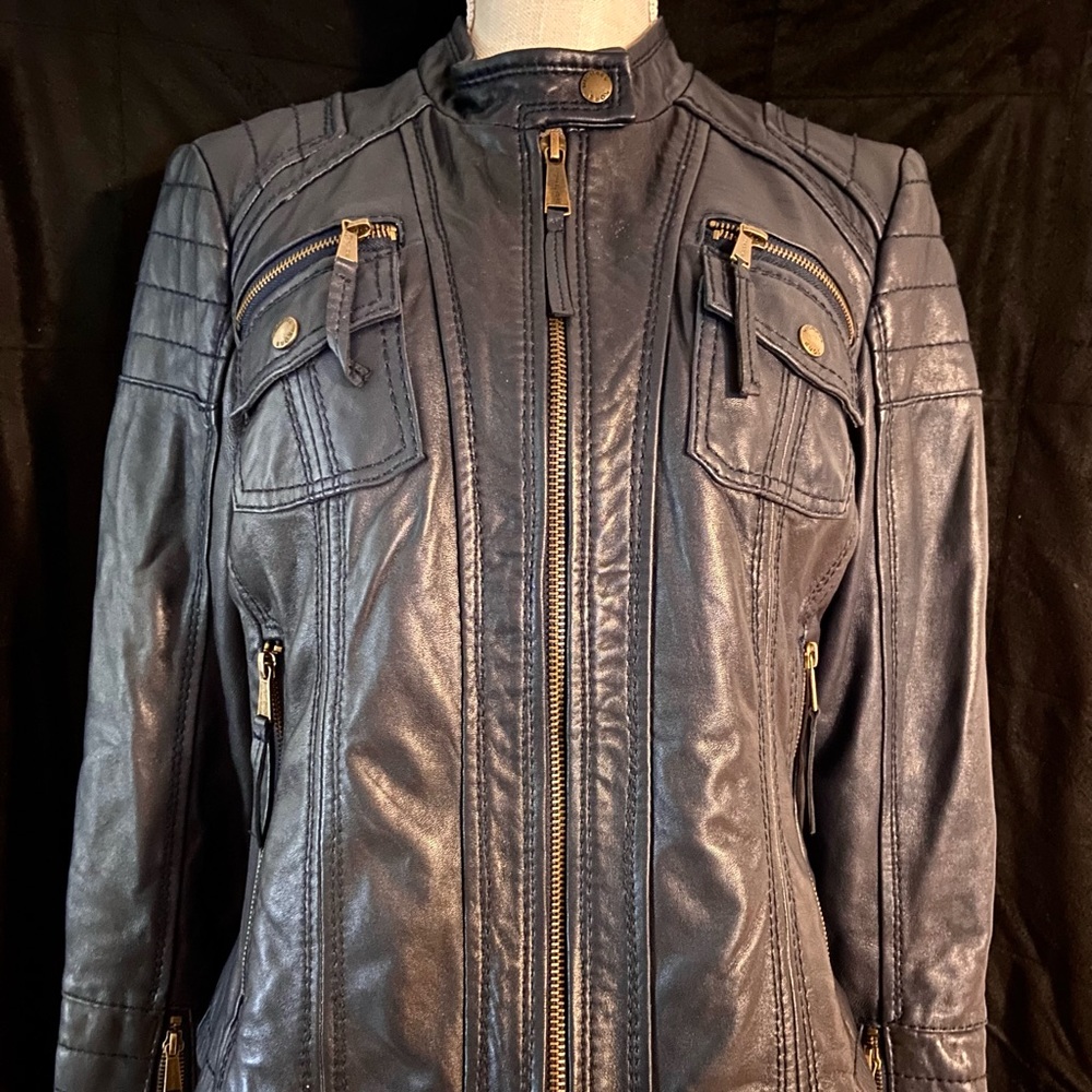 Navy Blue Michael Kors Leather Moto Jacket in size Large